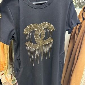 CC Boutique Black Tee Dress with Gold Stud Drip Logo